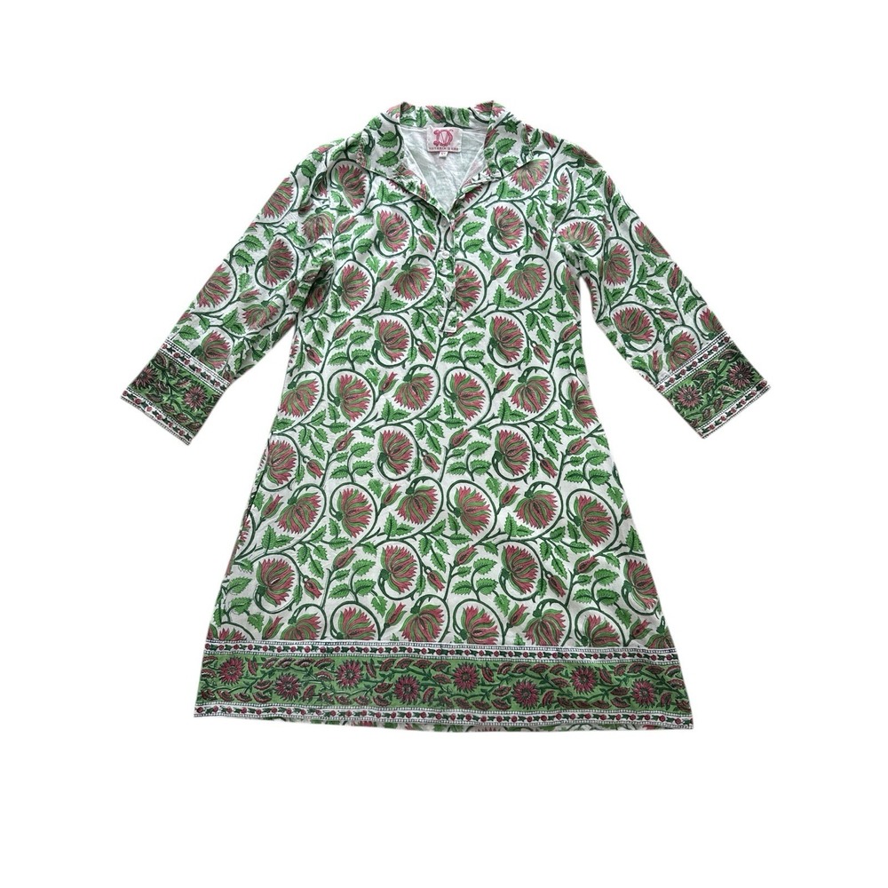Victoria Dunn Shirt Dress Southern Coastal Green Pink Block Print Floral XS
